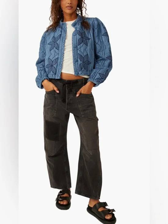 Free People Quinn Quilted Cotton Denim Floral Jacket NEW - Picture 3 of 4